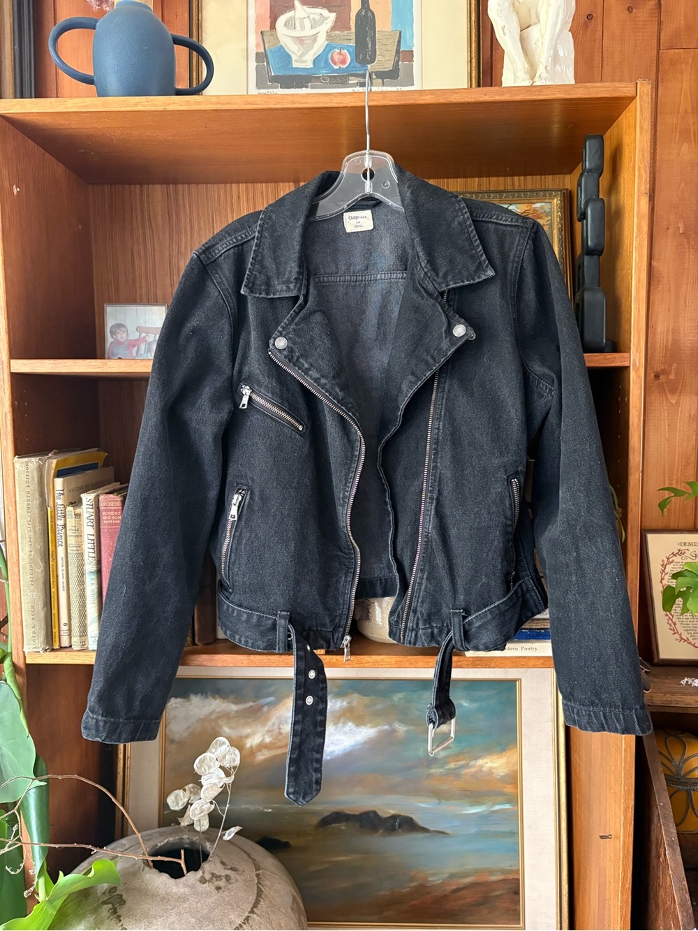 Biker  Moto Aesthetic GAP Washed Black Denim Motorcycle Moto Jacket Belt L
